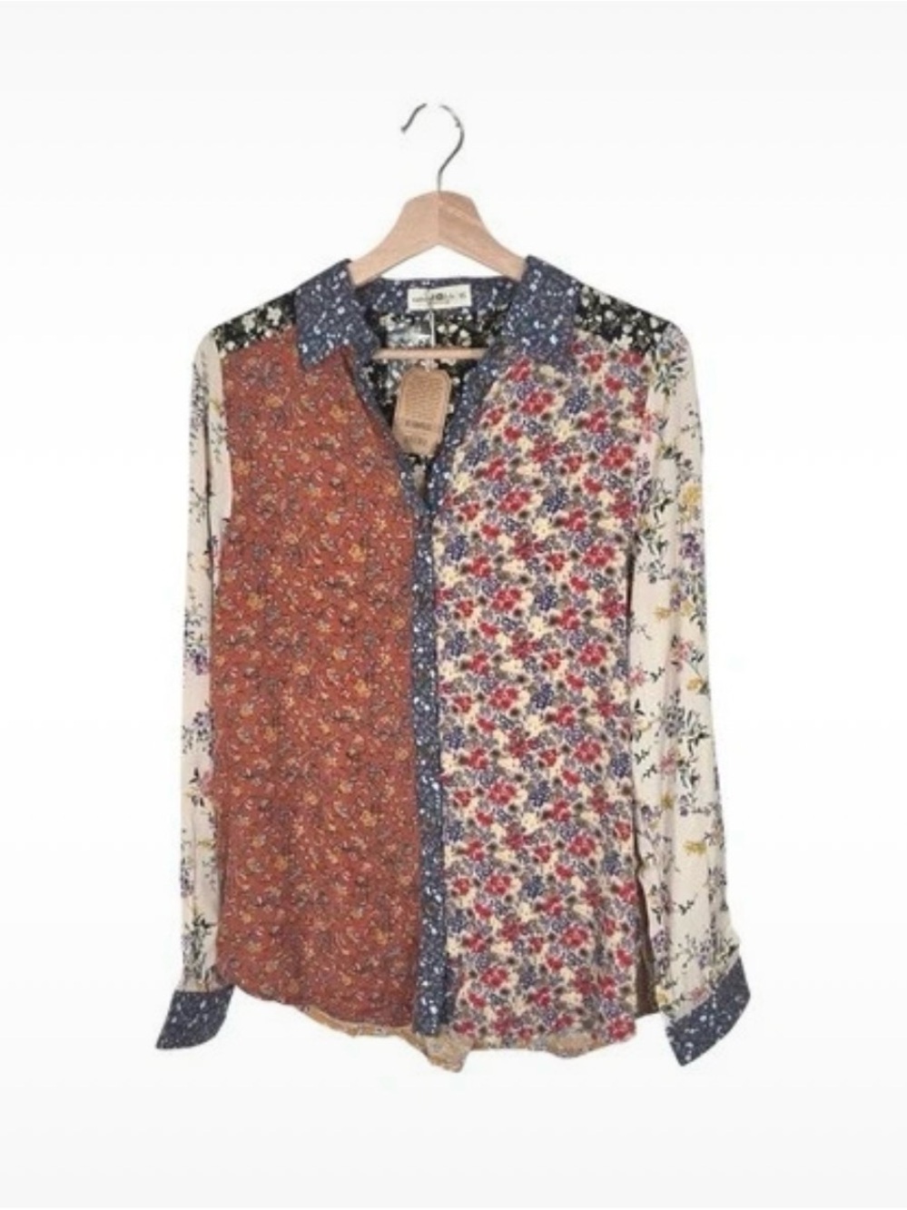NATURAL LIFE Mixed Floral Patchwork Button-Down Shirt - Rust, Cream, Navy NWT
